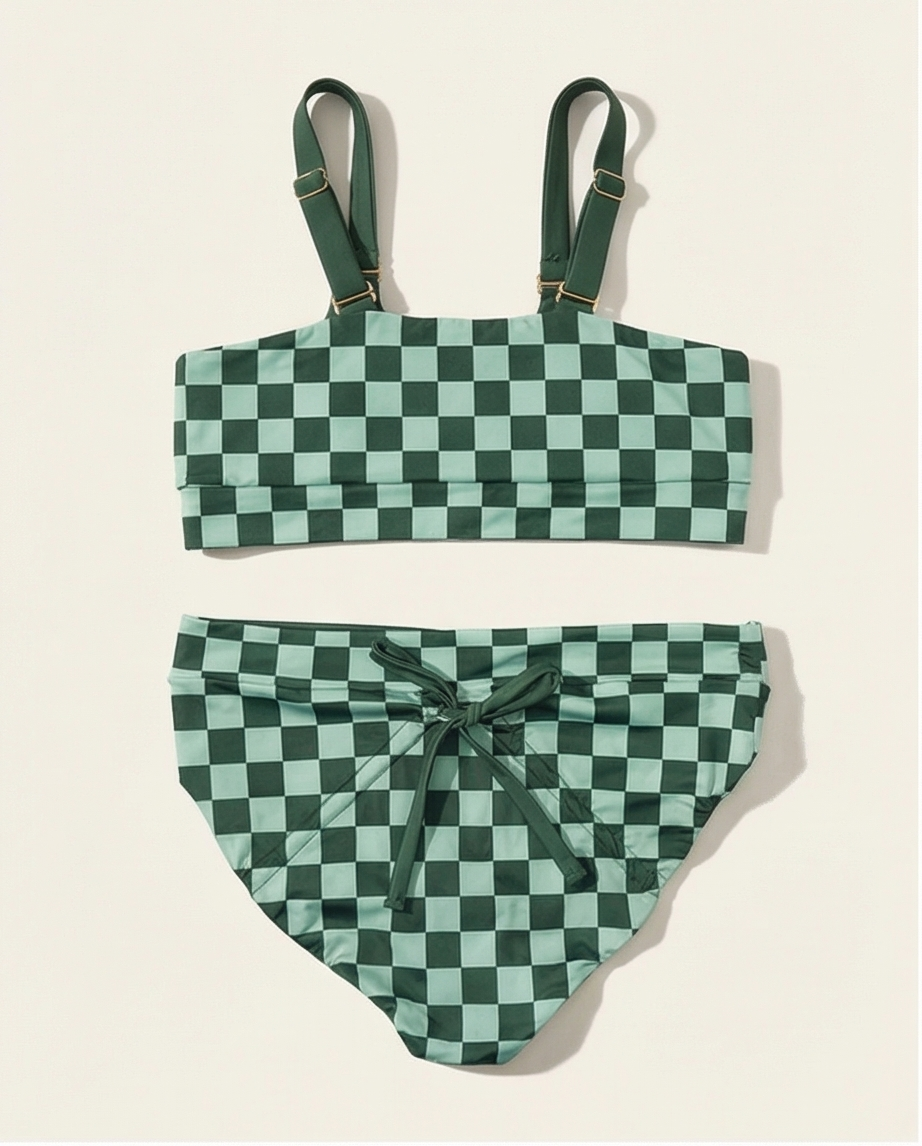 Green/Checkered two piece bikini bathing suit back