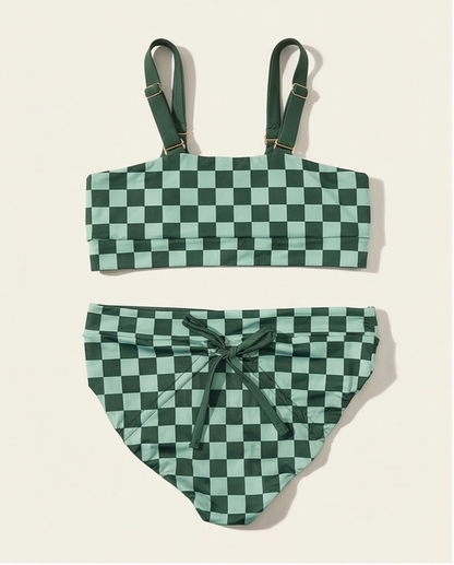 Green/Checkered two piece bikini bathing suit back